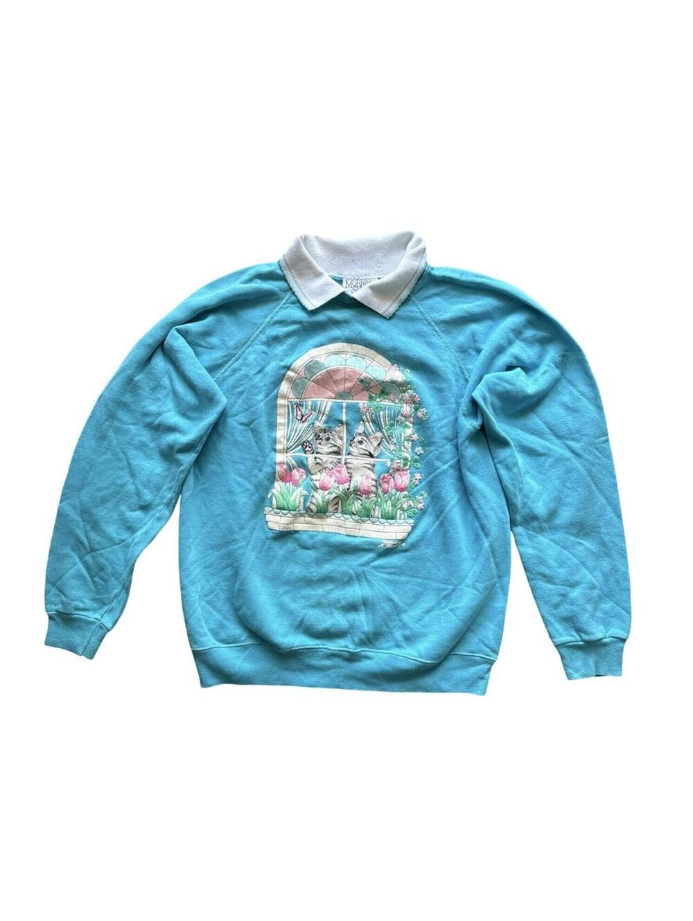90s Morning Sun Cat Kittens Graphic Collared Sweatshirt Size Large Made in USA